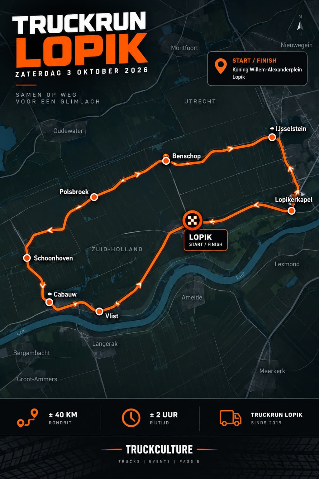 Routekaart Truckrun Lopik 2026 door Lopik, Schoonhoven, Polsbroek, Benschop, IJsselstein en Lopikerkapel